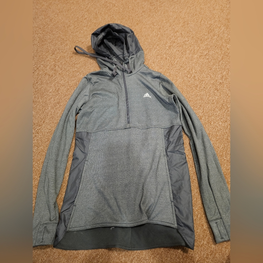 Adidas 1/4 Zip Hooded Pullover Sweatshirt Women Small Gray Climawarm Thumb Holes